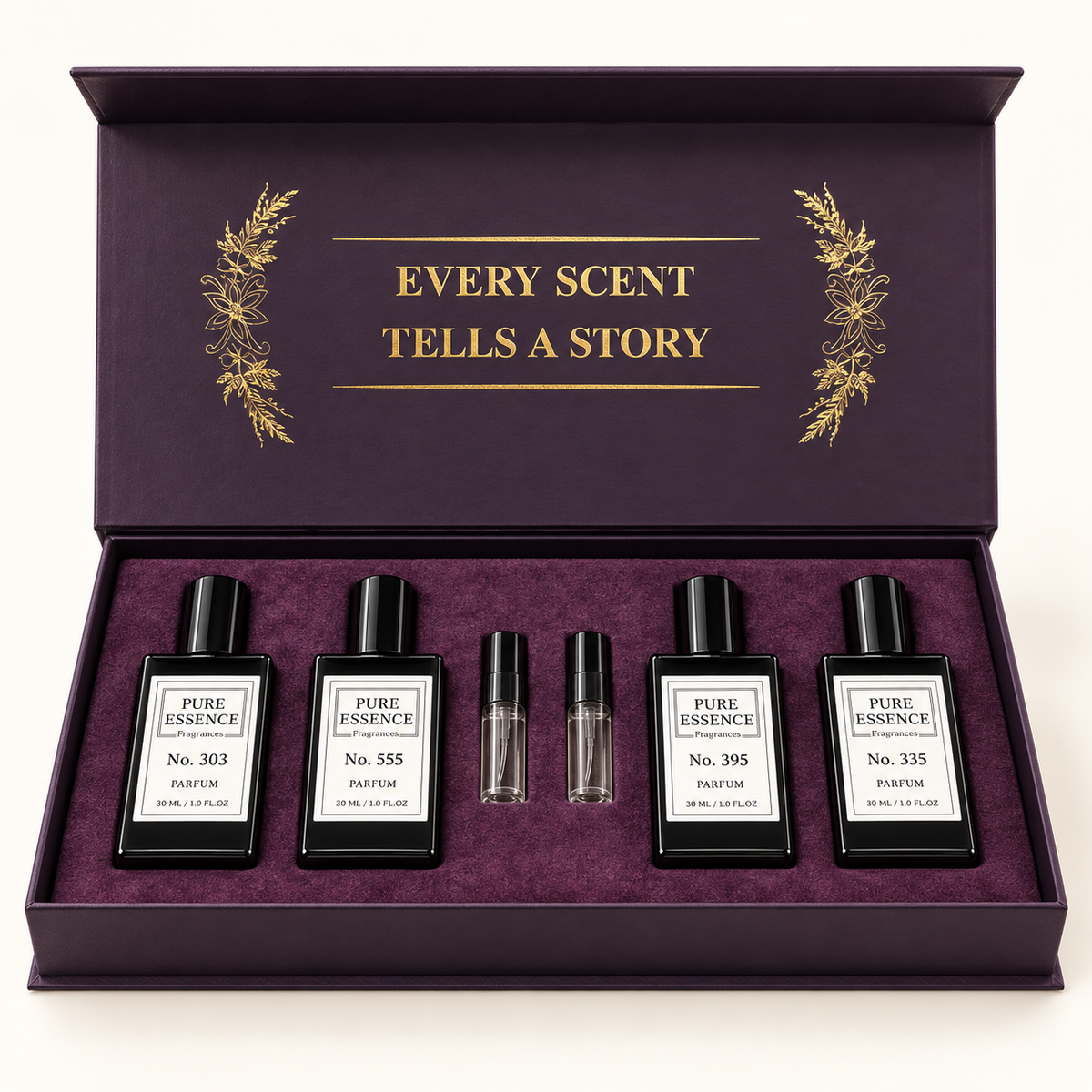 Pure Essence gift set with four 30ml sprays, Nos. 303, 555, 395 and 335, and two spray testers