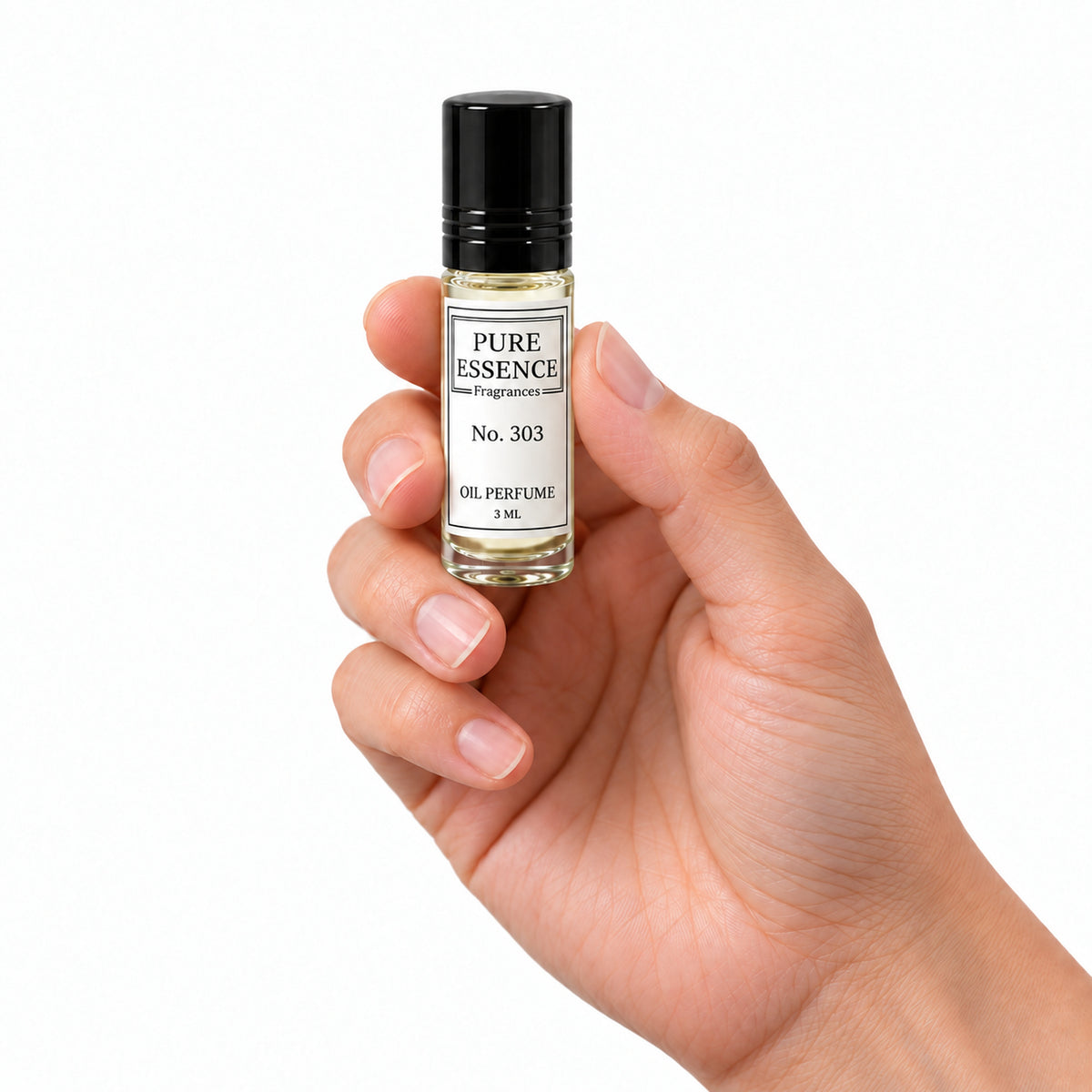 Pure Essence No. 303 perfume oil roll-on, 3ml – inspired by Absolu Blooming, held in hand