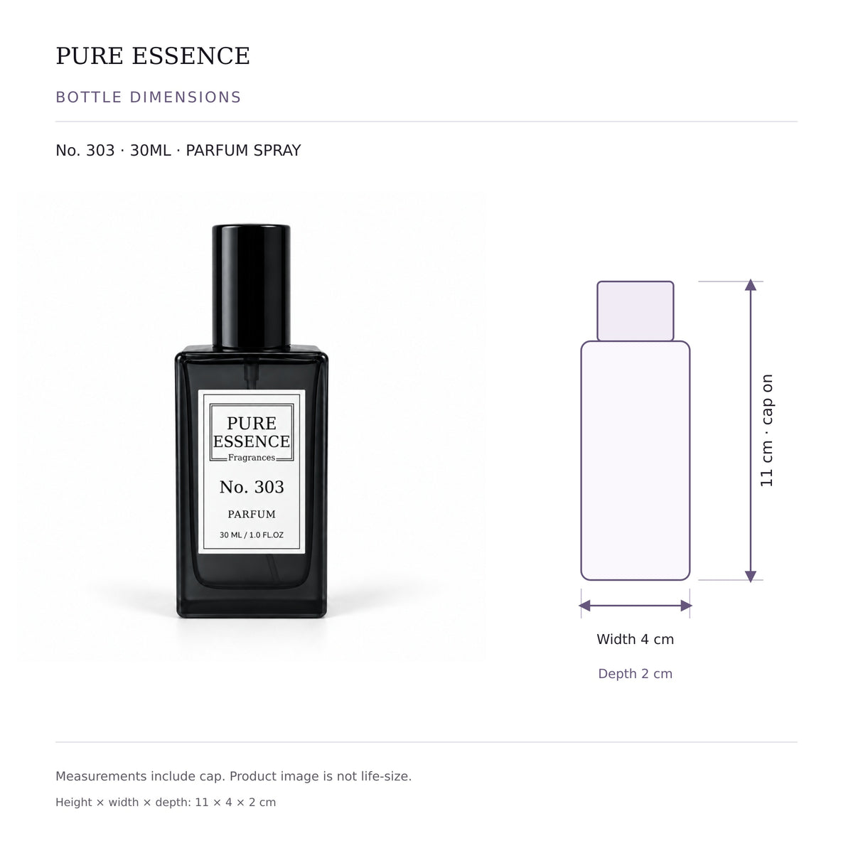 Pure Essence No. 303 parfum spray, 30ml – inspired by Absolu Blooming, with bottle dimensions