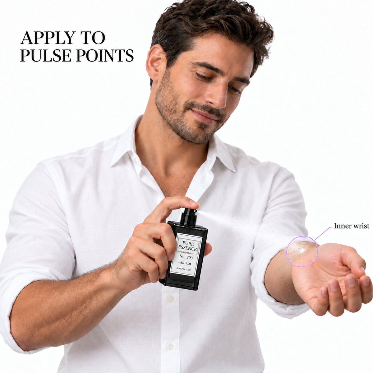 Pure Essence No. 303 parfum spray, 30ml – inspired by Absolu Blooming, being applied by a man