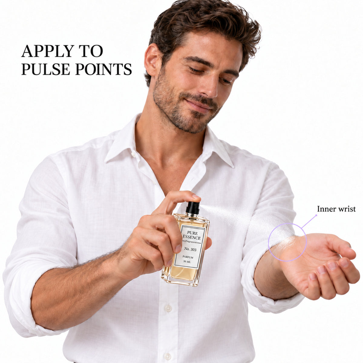 Pure Essence No. 303 parfum spray, 50ml – inspired by Absolu Blooming, being applied by a man