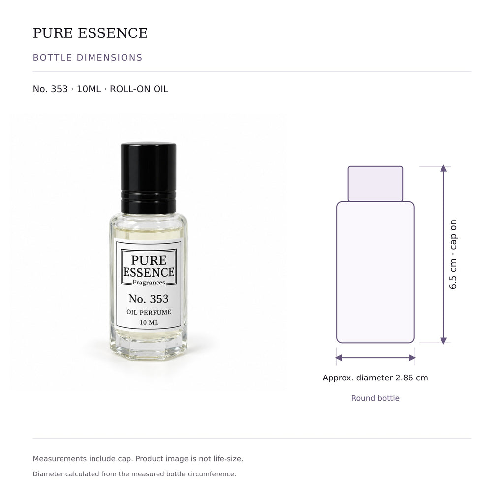 Pure Essence No. 353 perfume oil roll-on, 10ml – inspired by Alien, with bottle dimensions