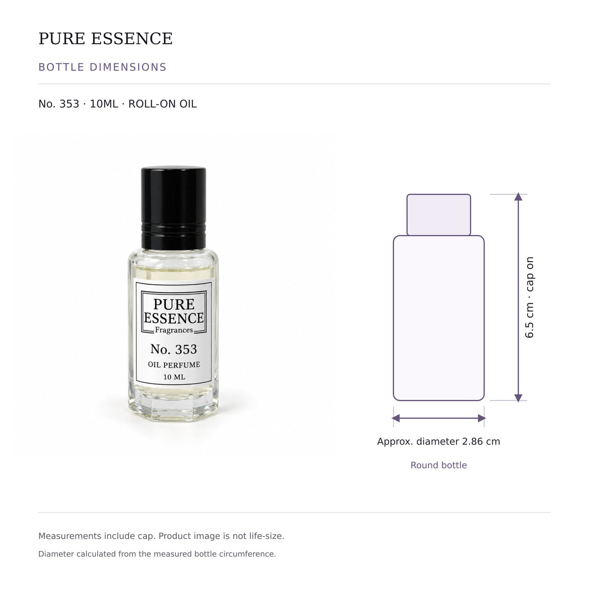 Pure Essence No. 353 perfume oil roll-on, 10ml – inspired by Alien, with bottle dimensions