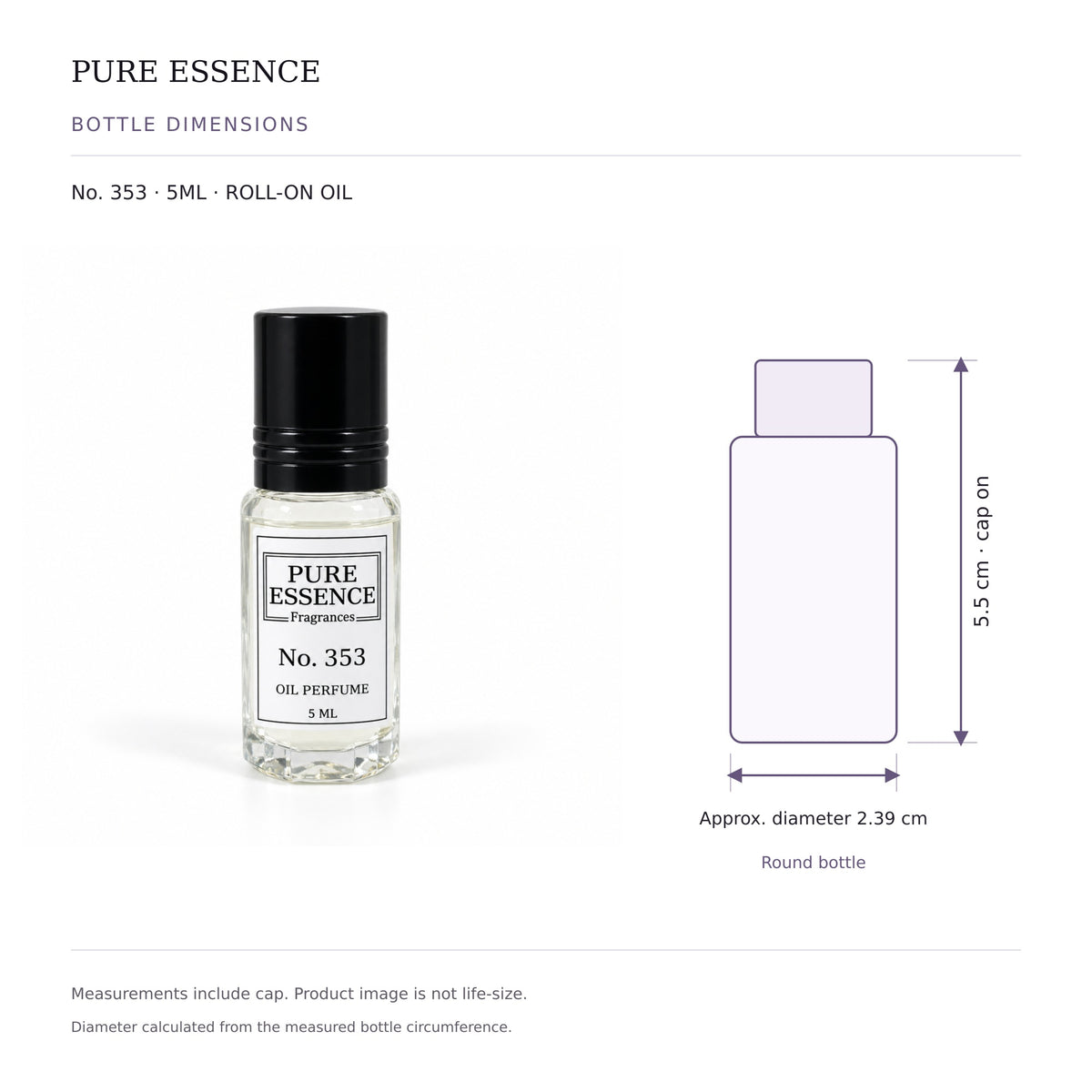 Pure Essence No. 353 perfume oil roll-on, 5ml – inspired by Alien, with bottle dimensions