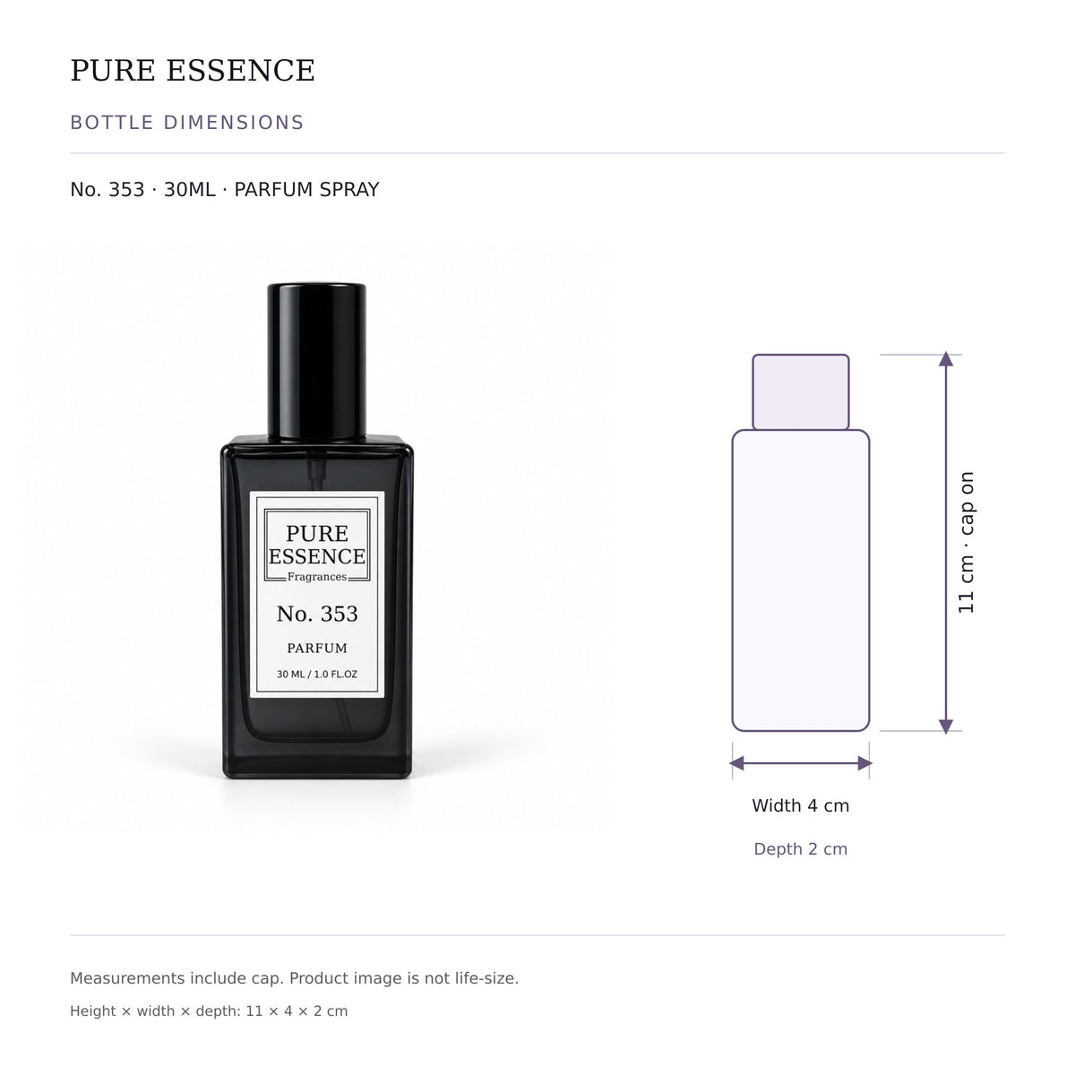 Pure Essence No. 353 parfum spray, 30ml – inspired by Alien, with bottle dimensions