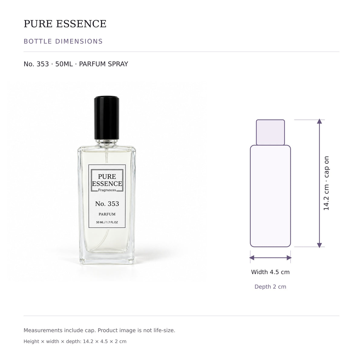 Pure Essence No. 353 parfum spray, 50ml – inspired by Alien, with bottle dimensions